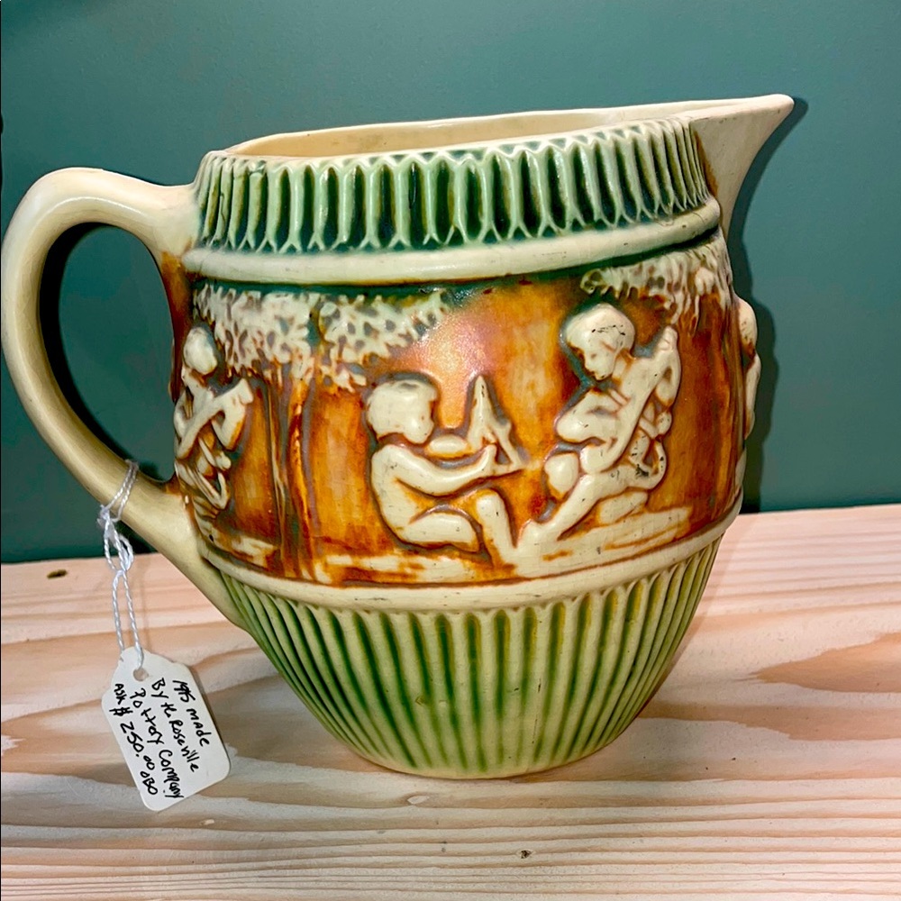 Roseville Pottery Donatello Pitcher, Shape 1307, Cream/Green/Tan